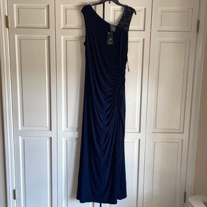 Adrianna Papell navy draped jersey gown sz 16